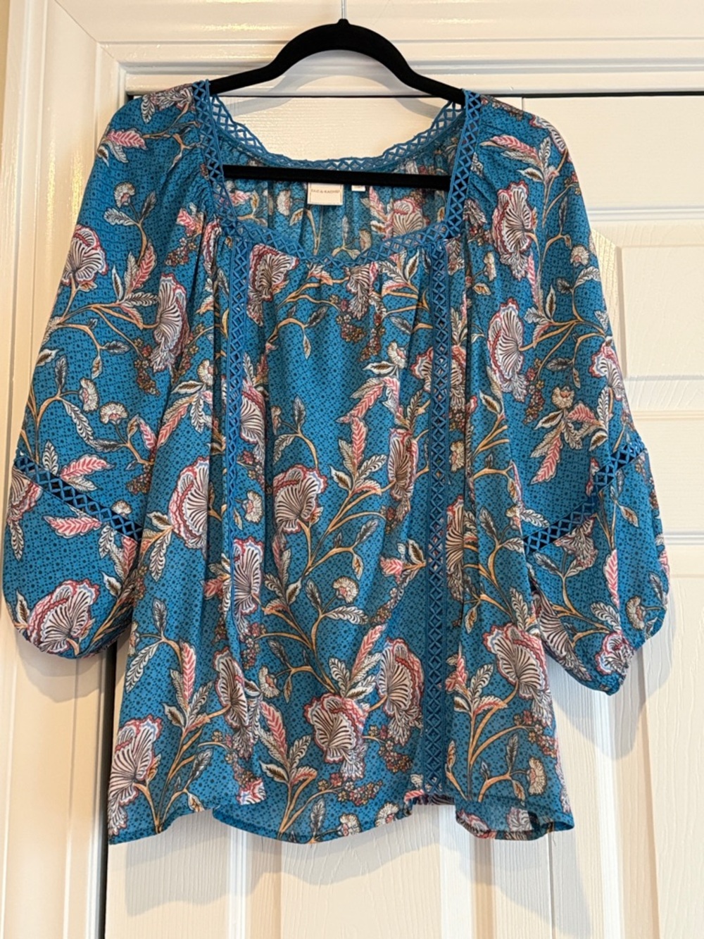 Zac & Rachel Teal Floral Peasant Blouse with Pink Accents